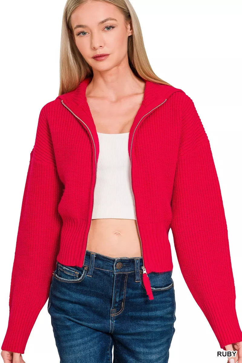 Zenana Ribbed Collared Zip Up Sweater Cardigan in Ruby