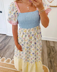 Floral Stripe Colorblock Square Neck Shirred Dress