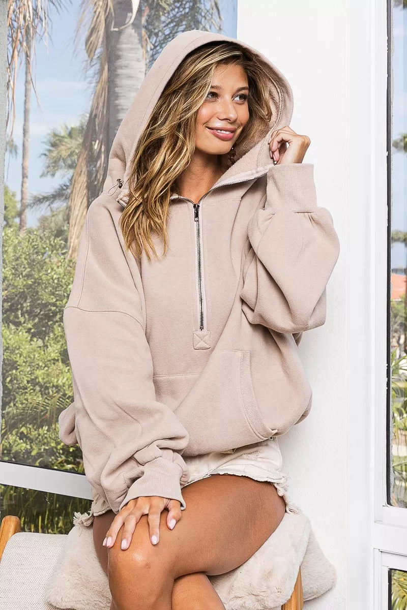 BiBi Stitch Detailed Elastic Hem Half Zip Fleece Hoodie