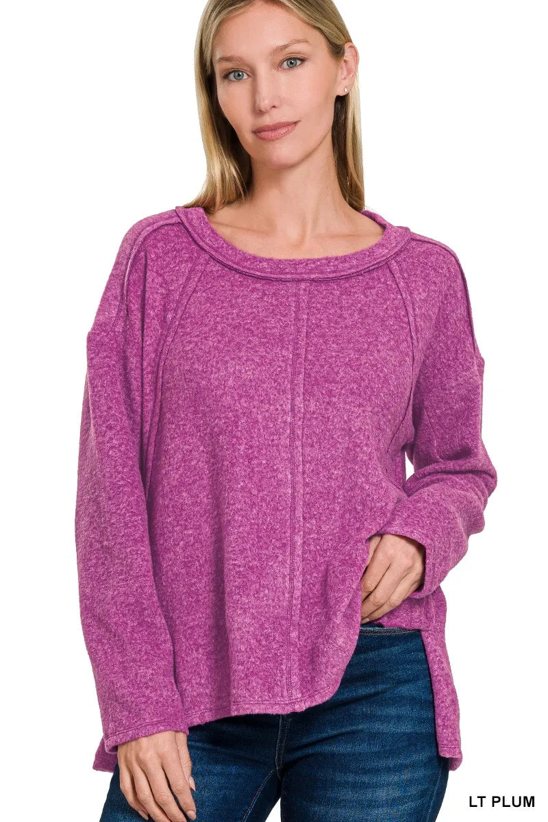 Zenana Brushed Hacci Exposed Seam Hi Low Sweater in Plum