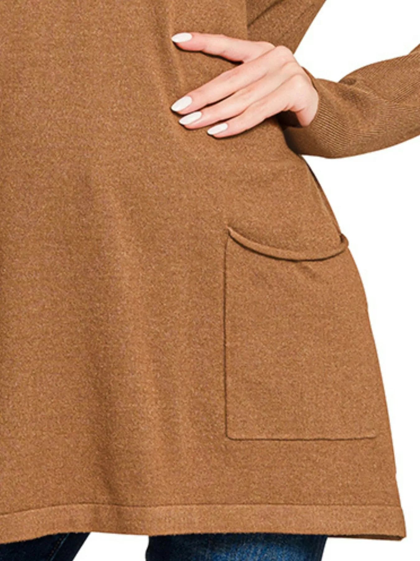 Zenana Viscose Long Sleeve Front Pockets Sweater in Camel