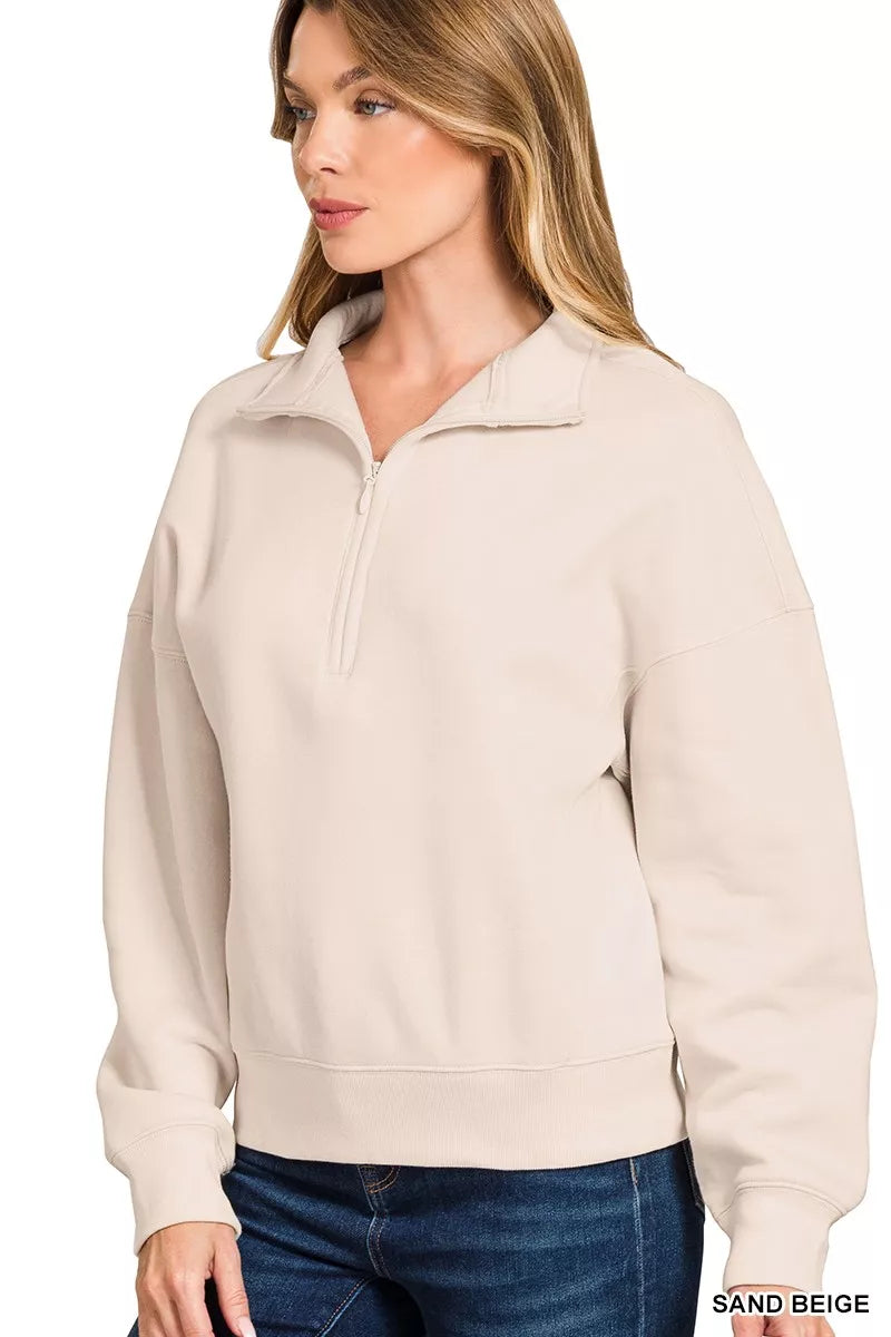 Zenana Fleece High Neck Half Zip Sweatshirt in Beige