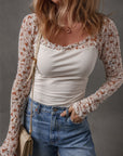 Floral Lace Patchwork Long Sleeve Square Neck Top