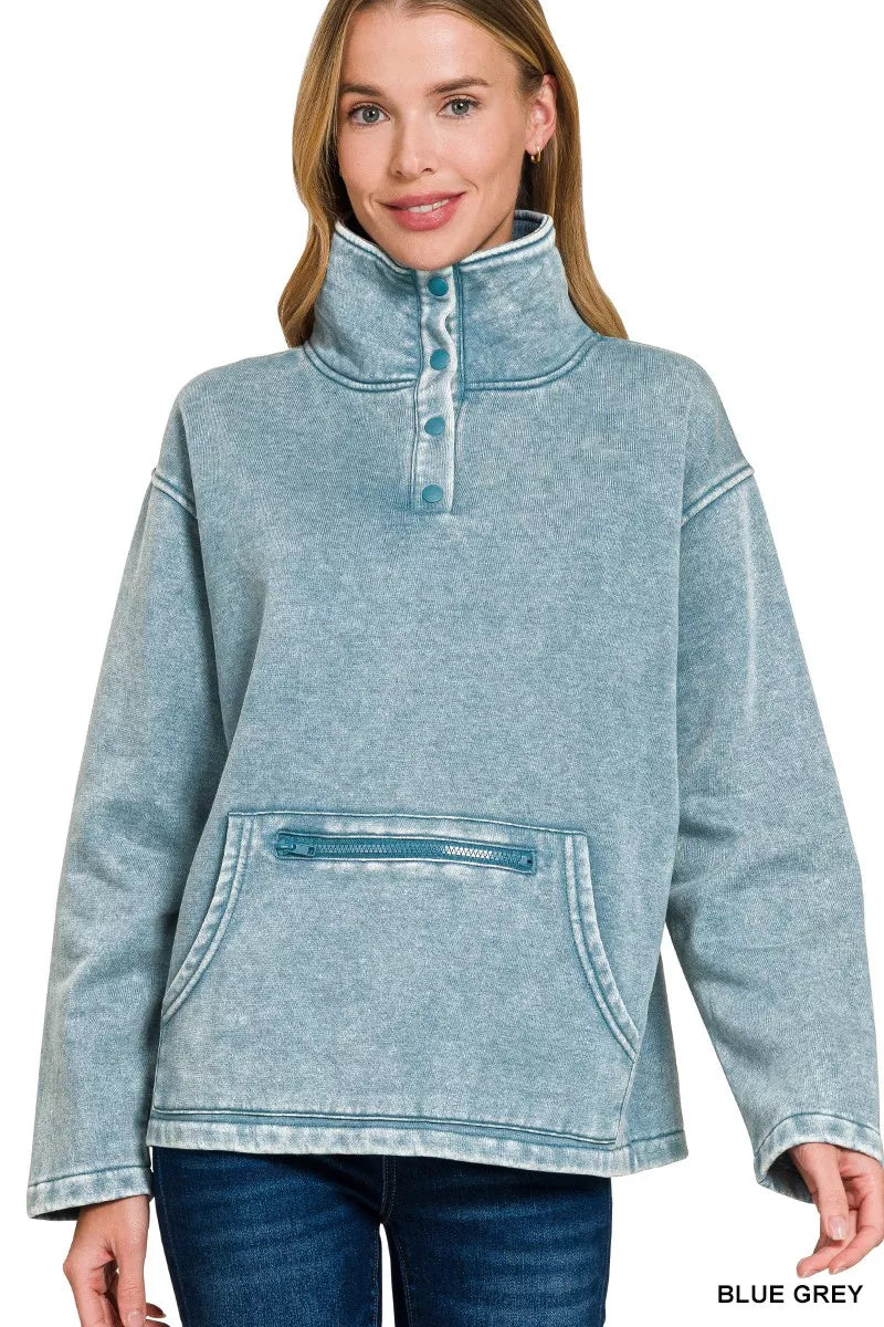 Zenana Fleece Washed High Neck Kangaroo Pocket Sweatshirt in Blue Grey
