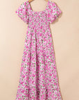 Dainty Floral Smocked Puff Sleeve Flowy Maxi Dress