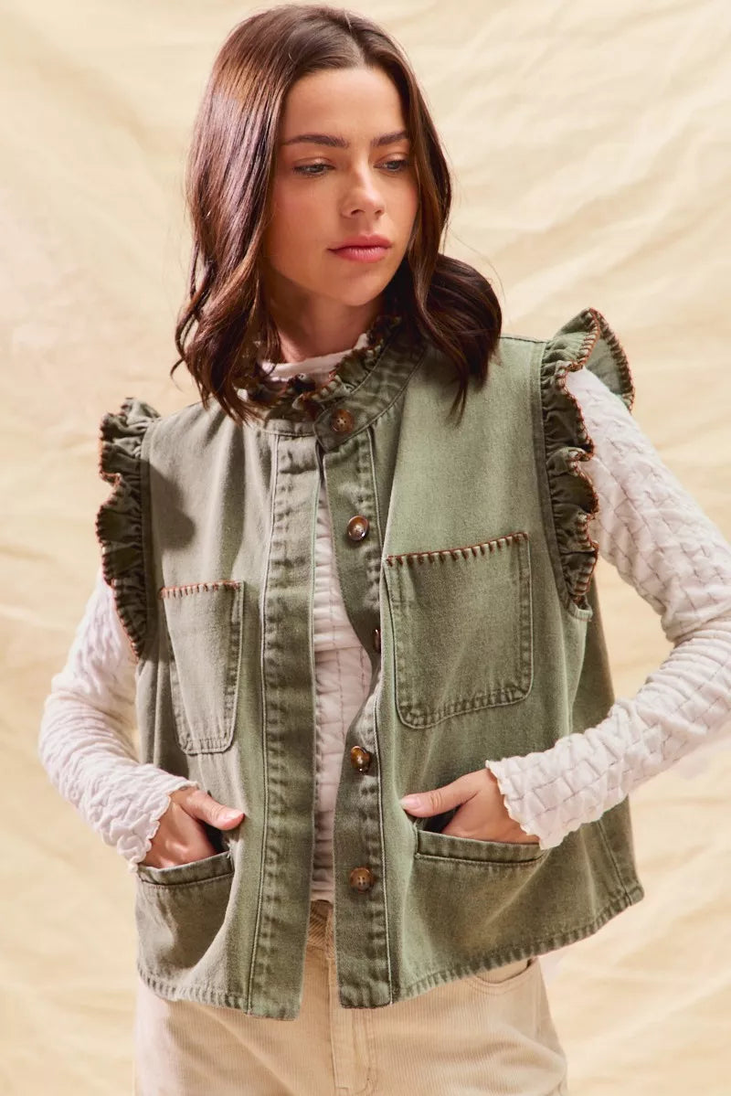 SO ME Washed Denim Stitch Ruffled Hidden Button Vest Top