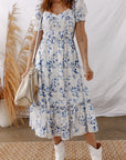 Floral Smocked Puff Sleeve Tiered Midi Dress