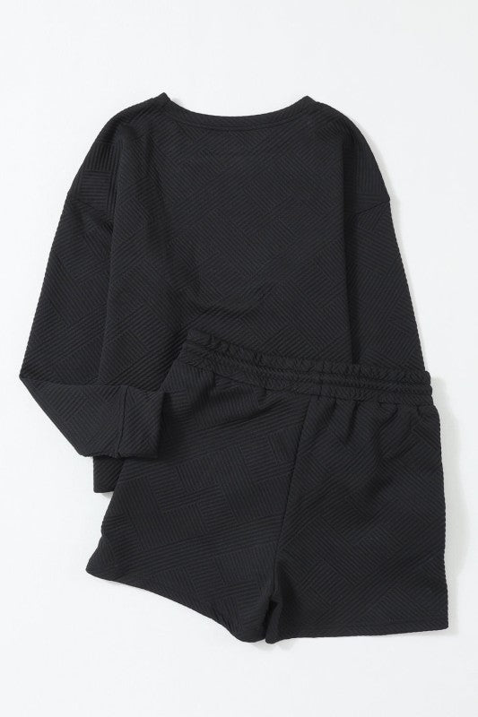 Textured Long Sleeve Top and Drawstring Shorts Set
