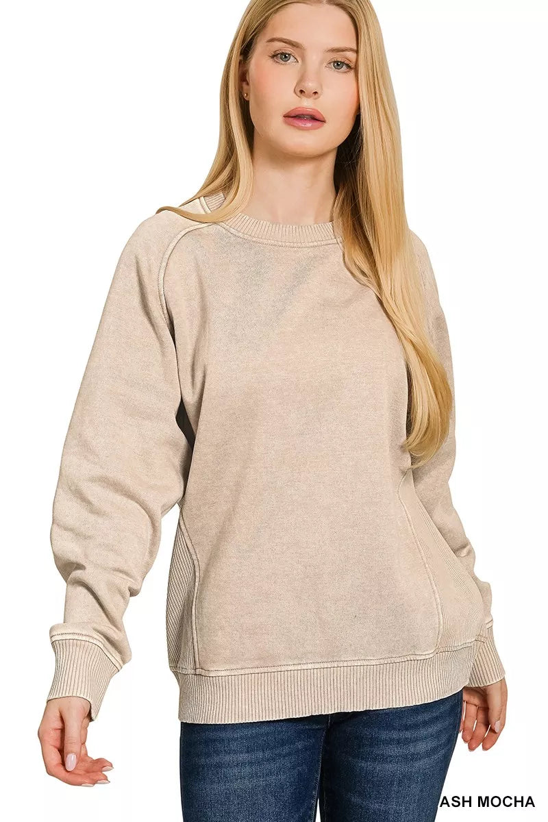 Zenana Acid Washed Fleece Sweatshirt with Side Rib in Mocha