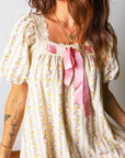 Floral Contrast Ribbon Bow Lace Square Mini Dress
