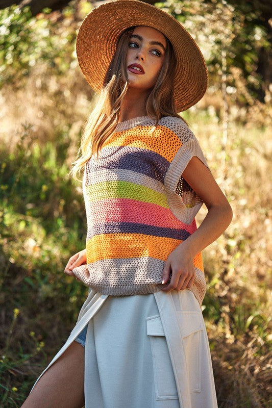 Davi &amp; Dani Crochet Multi Striped Pullover Knit Sweater Vest