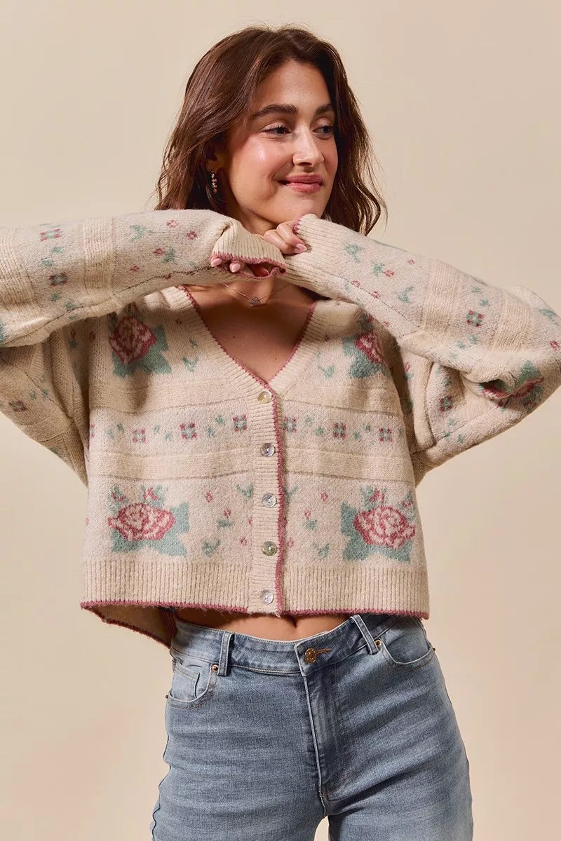 SO ME Floral Pattern Long Sleeve Button Sweater Cardigan in Beige