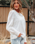 Solid Eyelet Embroidered Long Sleeve Blouse