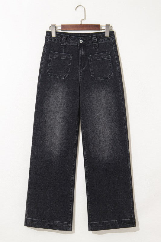 Denim Patch Pocket Wide Leg Jeans