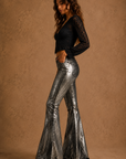 GJG Denim Metallic Foil Bell-Bottom Jeans — Silver Black
