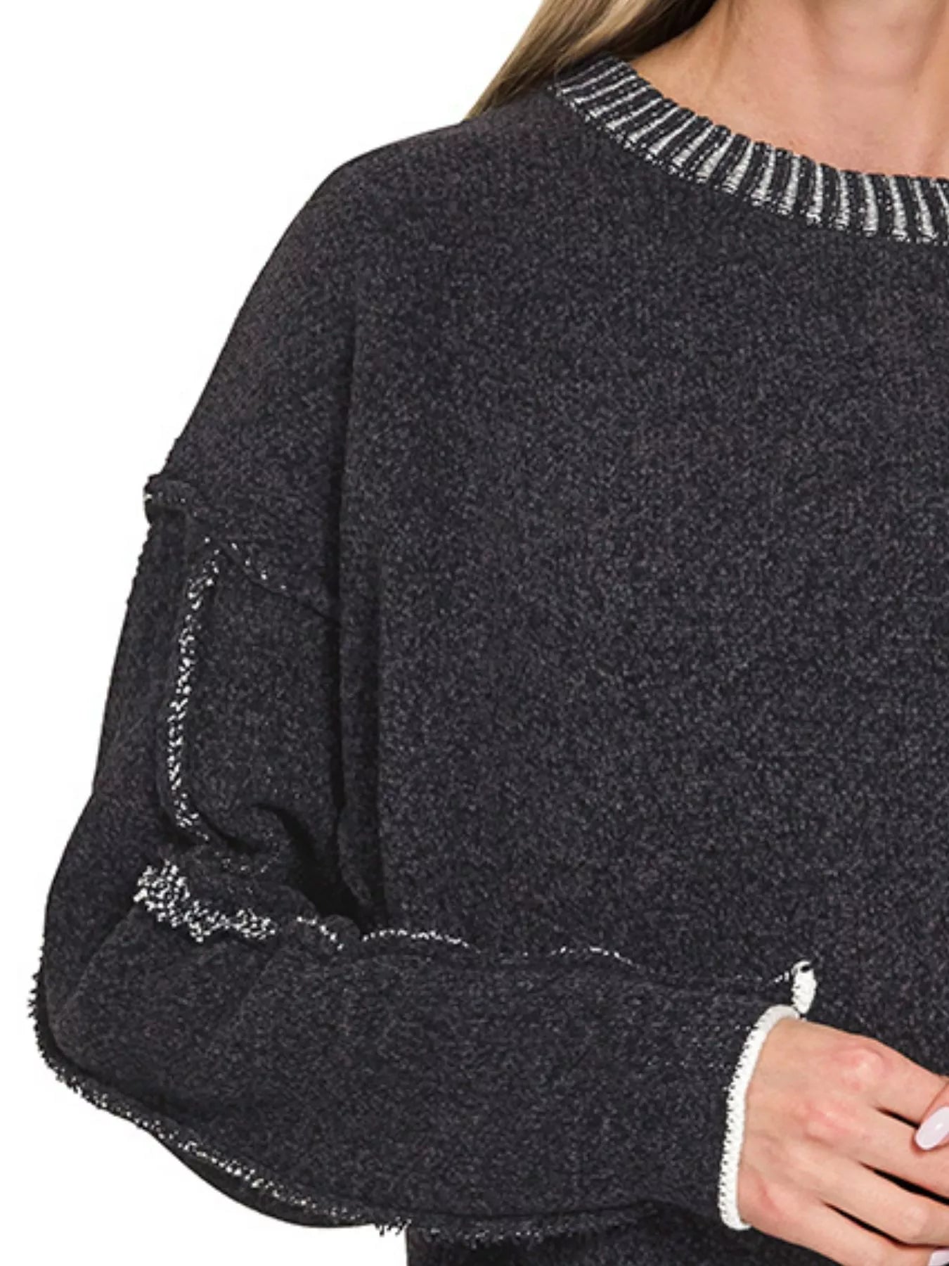 Zenana Exposed Seam Round Neck Two-Tone Sweater in Black