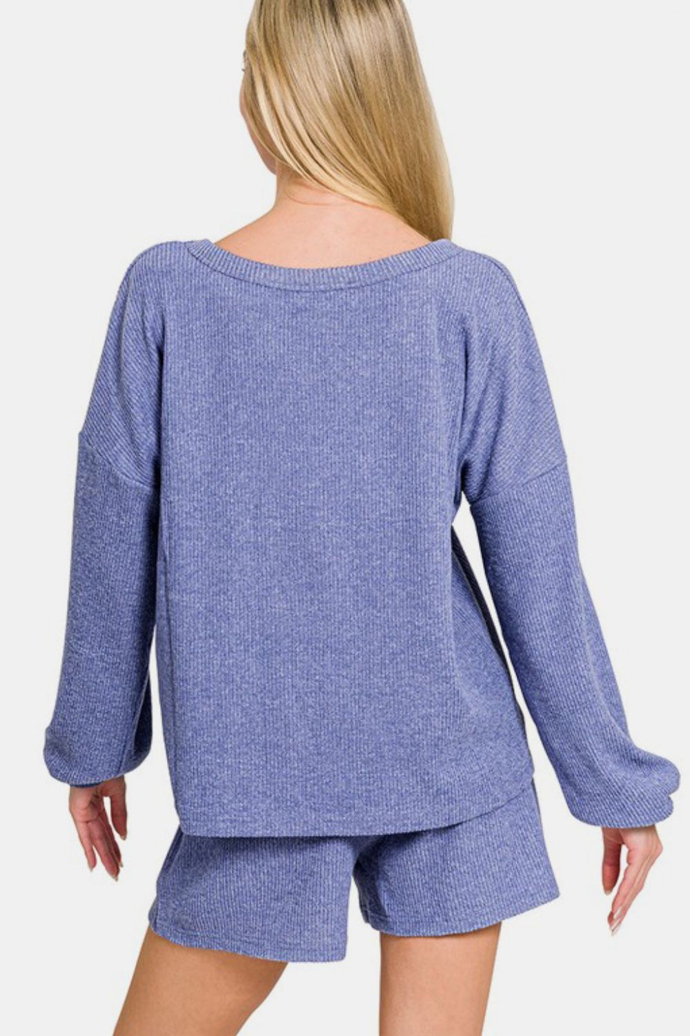 Zenana V-Neck Long Sleeve Ribbed Top and Shorts Set in Purple
