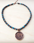 Natural American Turquoise Beaded Collar Necklace w/ Indian Head Pendant 262h