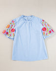 Gingham Floral Embroidered Puff Sleeve Blouse