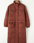 Solid Quilted Stand-Neck Zip-Up Buttoned Puffer Coat