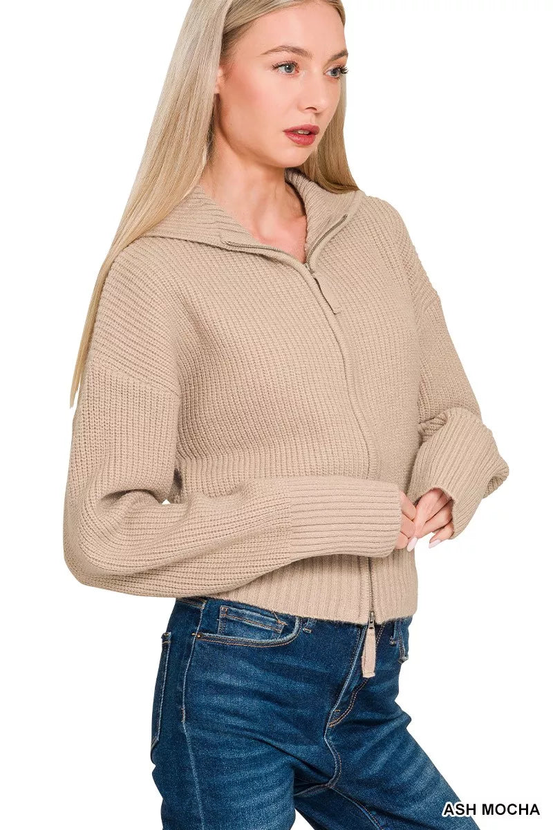 Zenana Ribbed Collared Zip Up Sweater Cardigan in Mocha