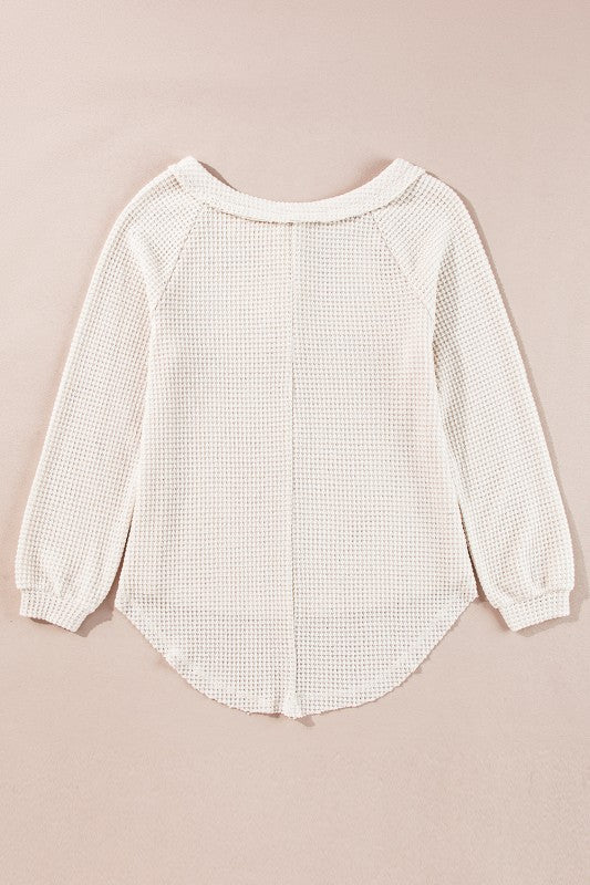 Waffle Knit Buttoned Front Raglan Sleeve Blouse