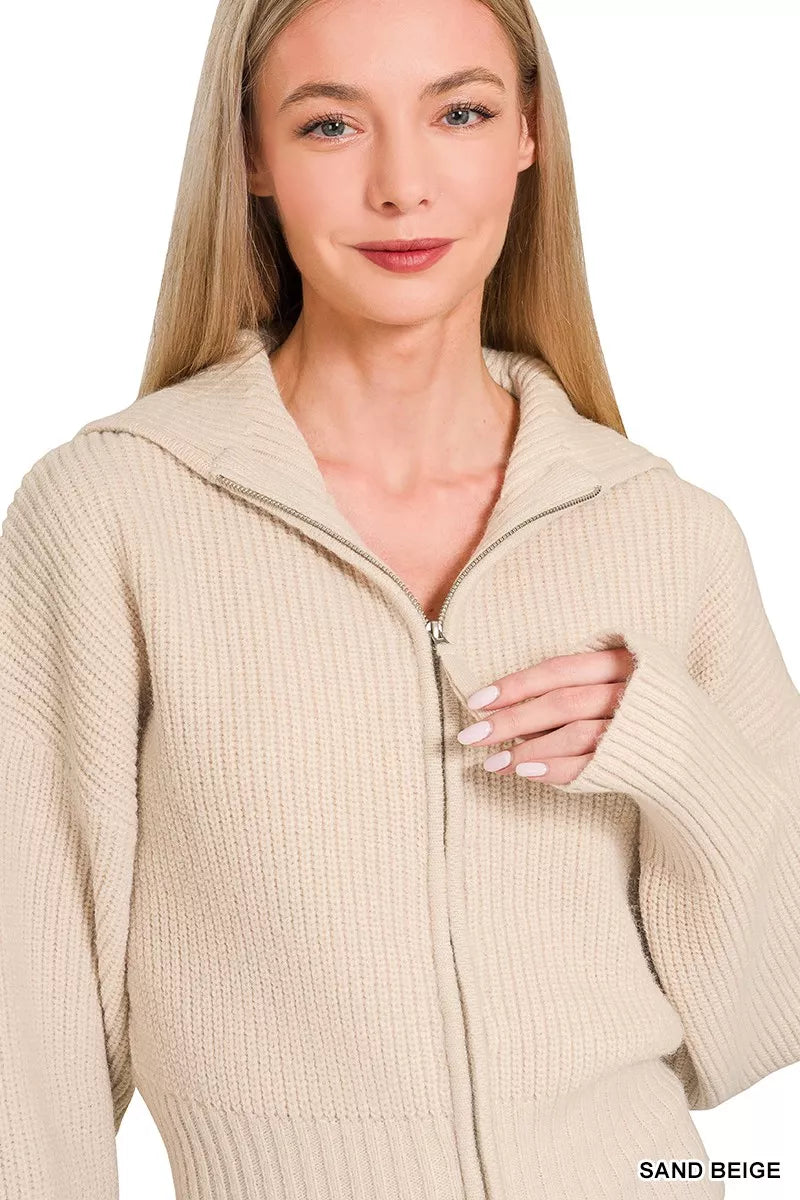 Zenana Ribbed Collared Zip Up Sweater Cardigan in Beige