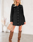Solid Denim Chest Pocket Raw Hem Shirt Dress