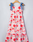 Floral Denim Tie Strap High Waist Maxi Dress