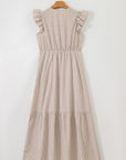 Stripe Flutter Sleeve Buttoned V-Neck Maxi Dress