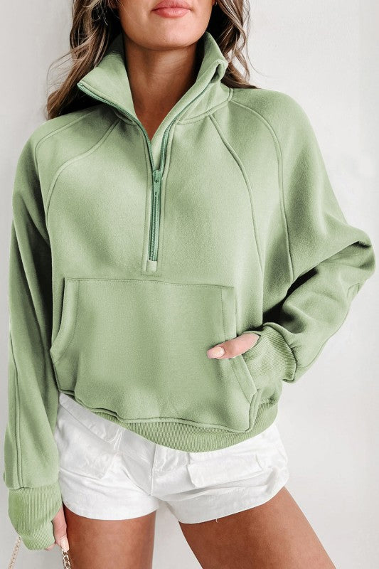 Solid Fleece-Lined Half-Zip Up Collar Sweatshirt
