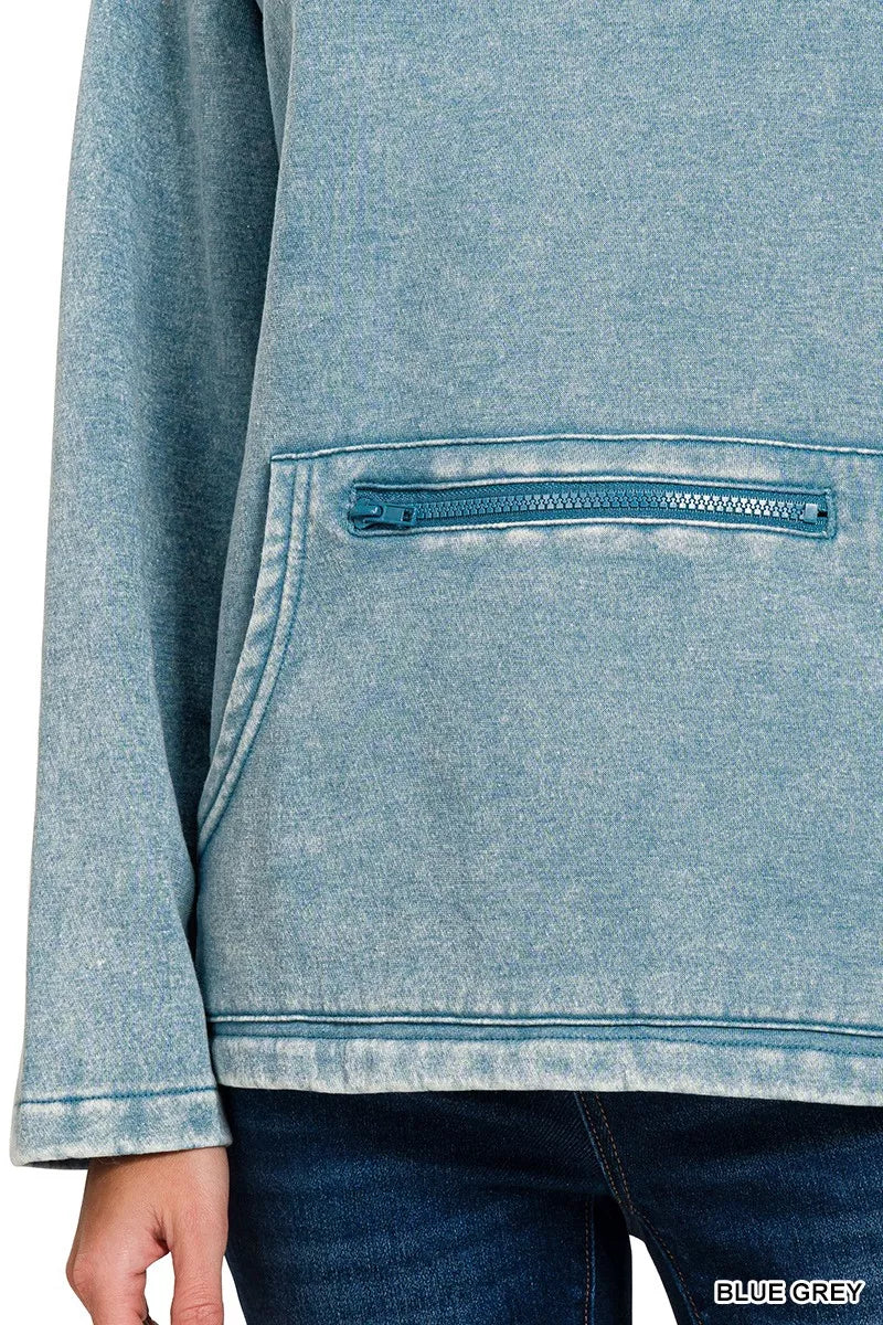 Zenana Fleece Washed High Neck Kangaroo Pocket Sweatshirt in Blue Grey