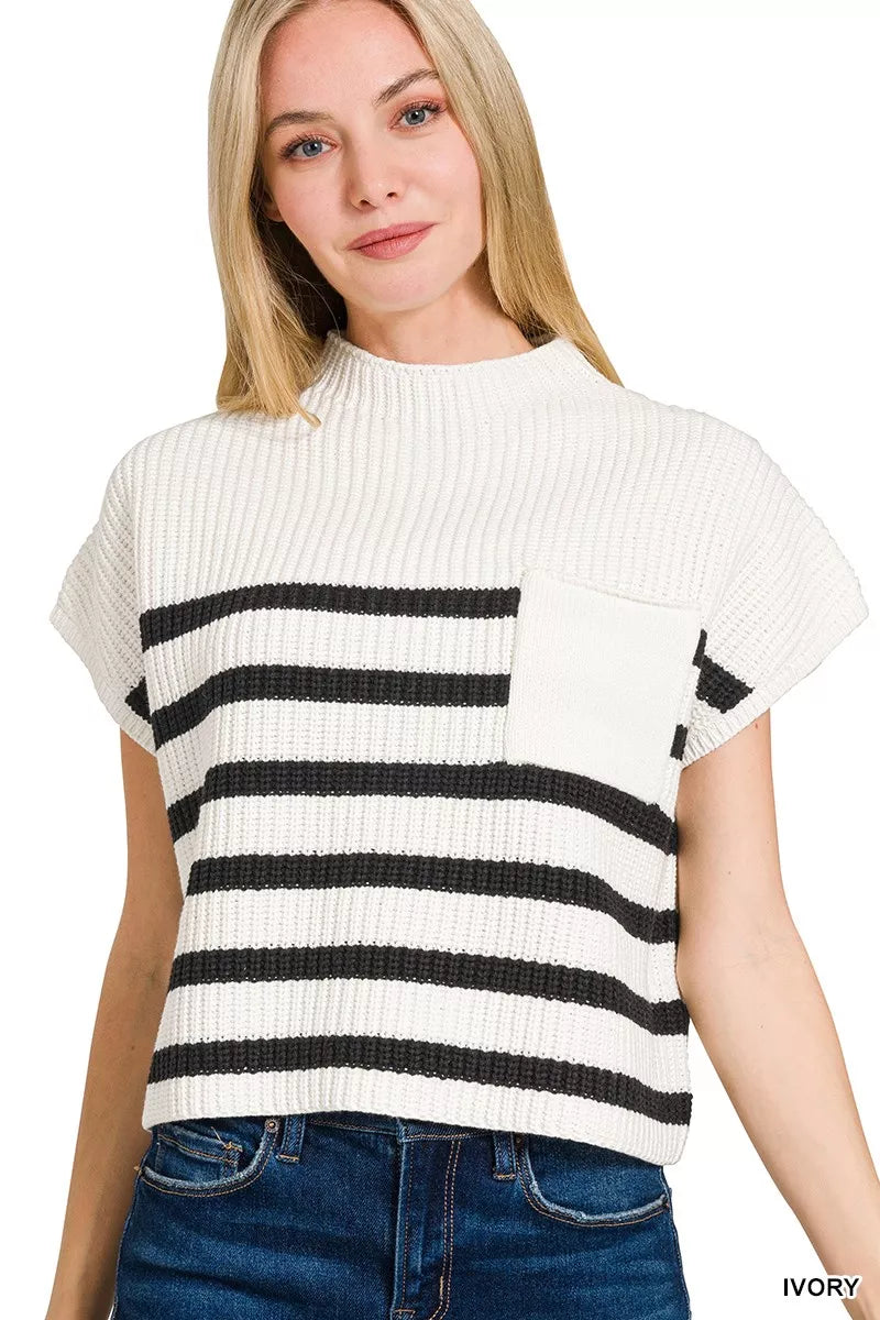 Zenana Short Sleeve Stripe Sweater in Ivory