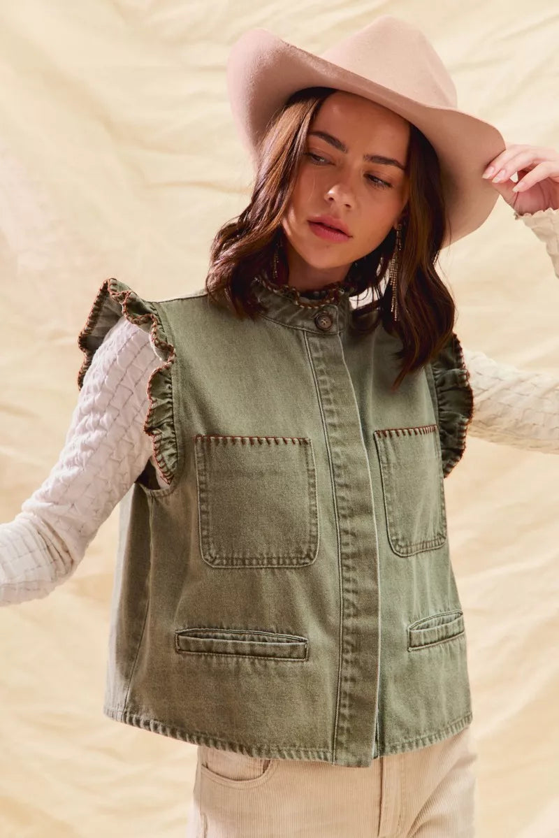 SO ME Washed Denim Stitch Ruffled Hidden Button Vest Top