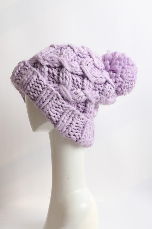 Lilac Cable Knit Pom Pom Bobble Hat