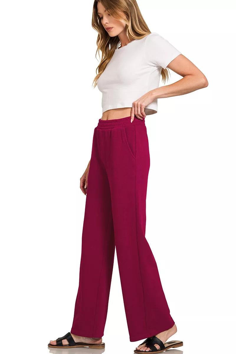 Zenana French Rib Pullover and Pants Set in Burgurndy