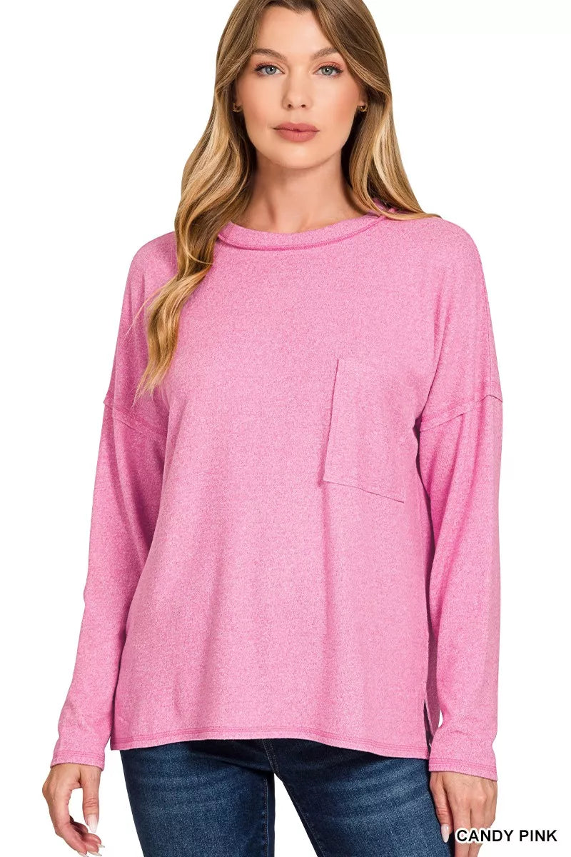 Zenana Soft Melange Hacci Round-Neck Long Sleeve T-Shirt in Pink