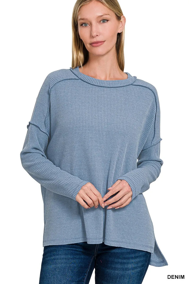 Zenana Ribbed Drop Shoulder Round Neck Sweater in Denim