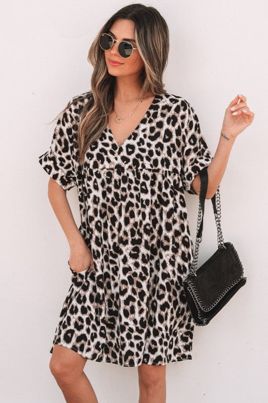 Brinley Cheetah Backless V Neck Loose Fit Mini Dre