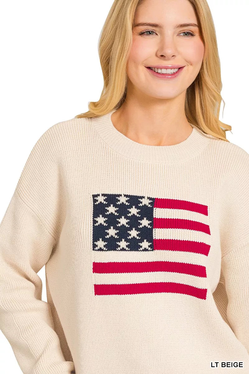 Zenana American Flag Crew Neck Sweater in Beige