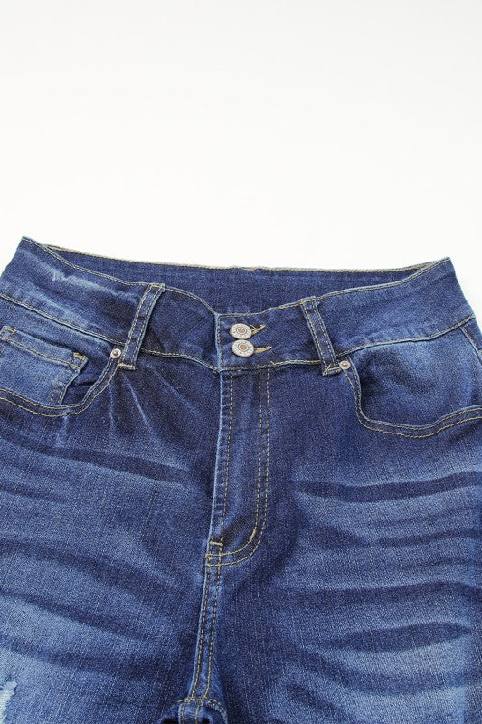 Denim High Waist Distressed Straight Leg Jeans