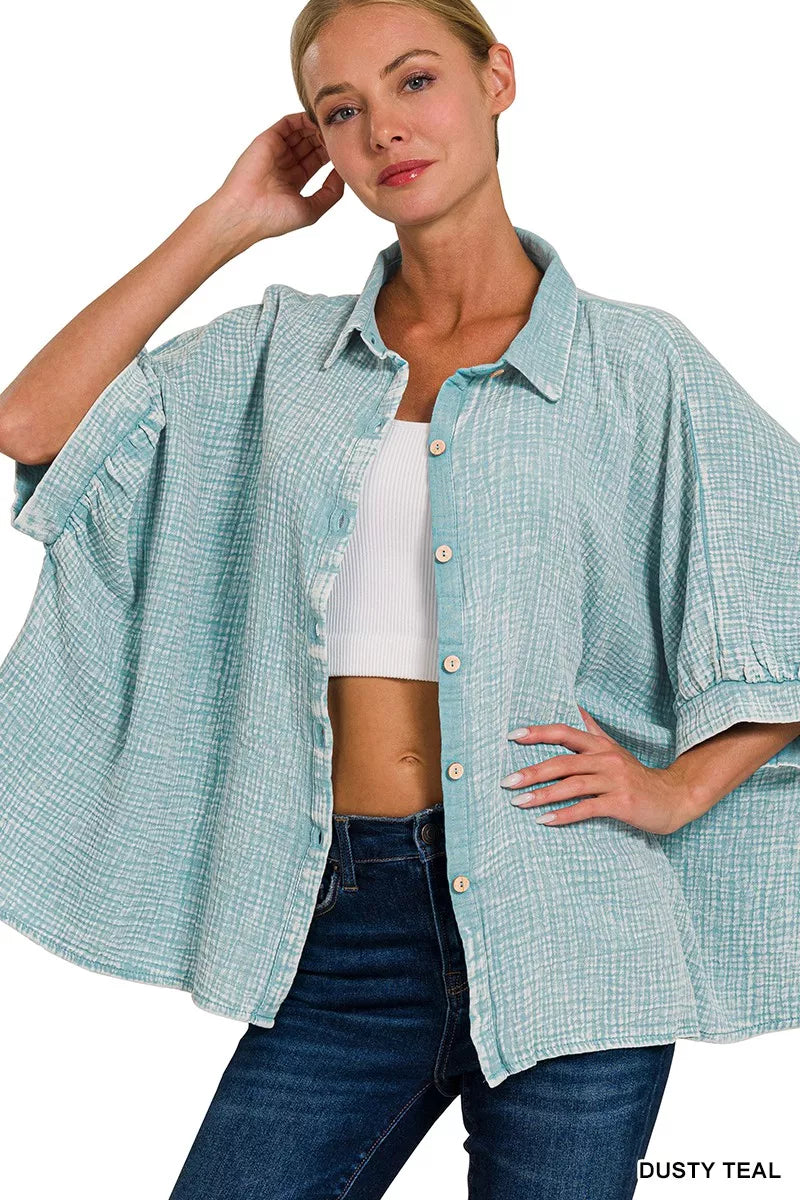 Zenana Washed Double Gauze Button Down Half Sleeve Shirt in Teal