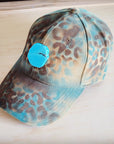 Hand-Painted Leopard Suede Baseball Cap Tan & Turq 986p