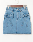 Acid Wash Denim Bow Pocket High Waist Skirt