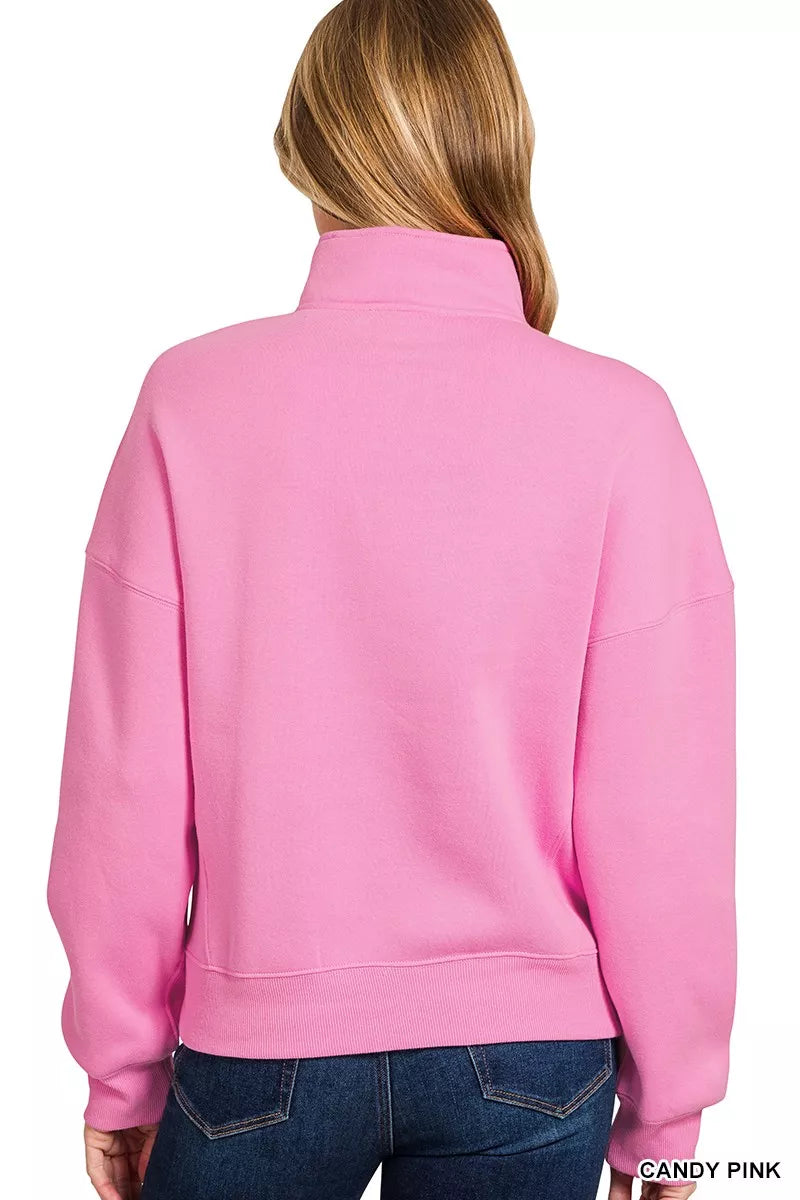 Zenana Fleece High Neck Half Zip Sweatshirt in Candy