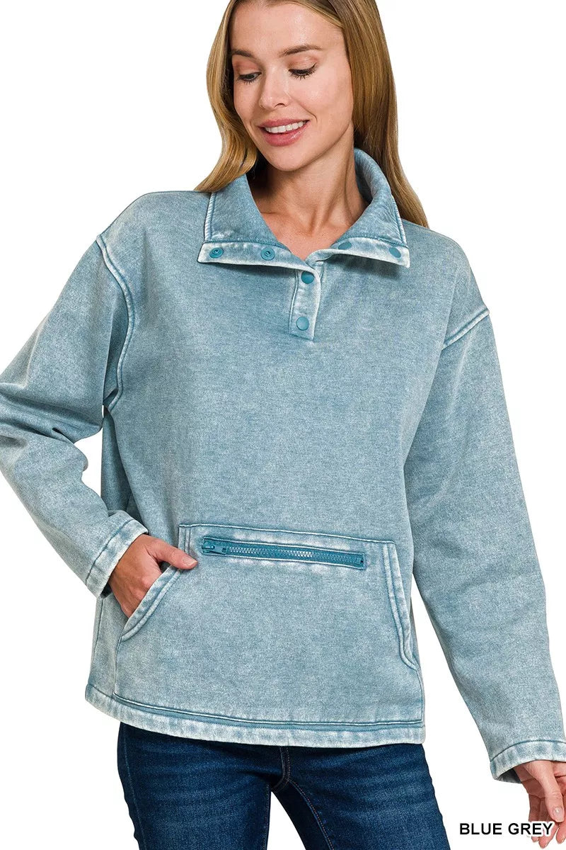 Zenana Fleece Washed High Neck Kangaroo Pocket Sweatshirt in Blue Grey