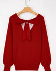 Bow Back Lantern Sleeve V-Neck Sweater