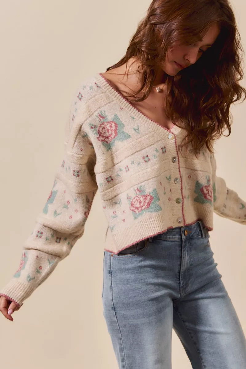 SO ME Floral Pattern Long Sleeve Button Sweater Cardigan in Beige