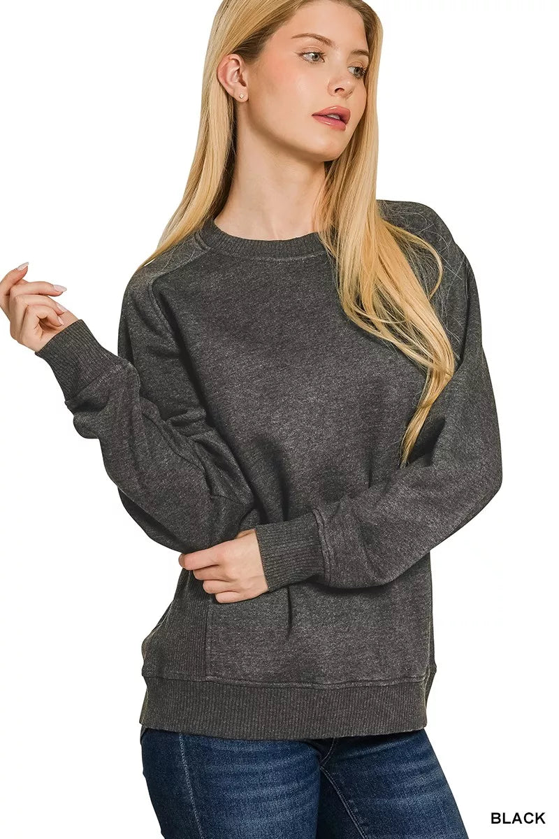 Zenana Acid Washed Fleece Sweatshirt with Side Rib in Black