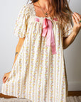 Floral Contrast Ribbon Bow Lace Square Mini Dress